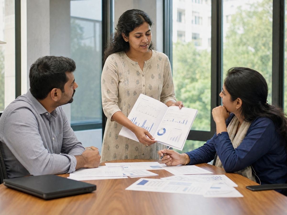 A consultant presenting a company profile document to colleagues