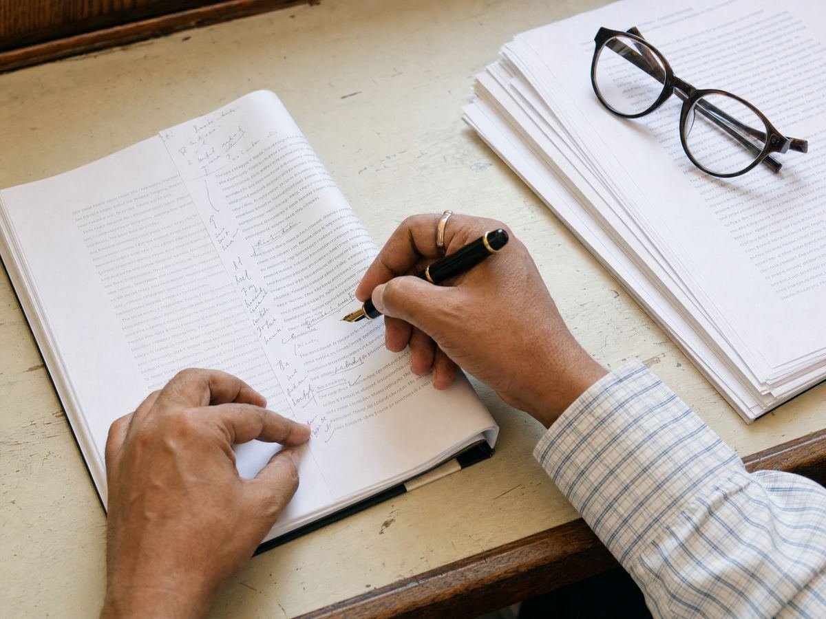 An editor proofreading a manuscript with a fountain pen