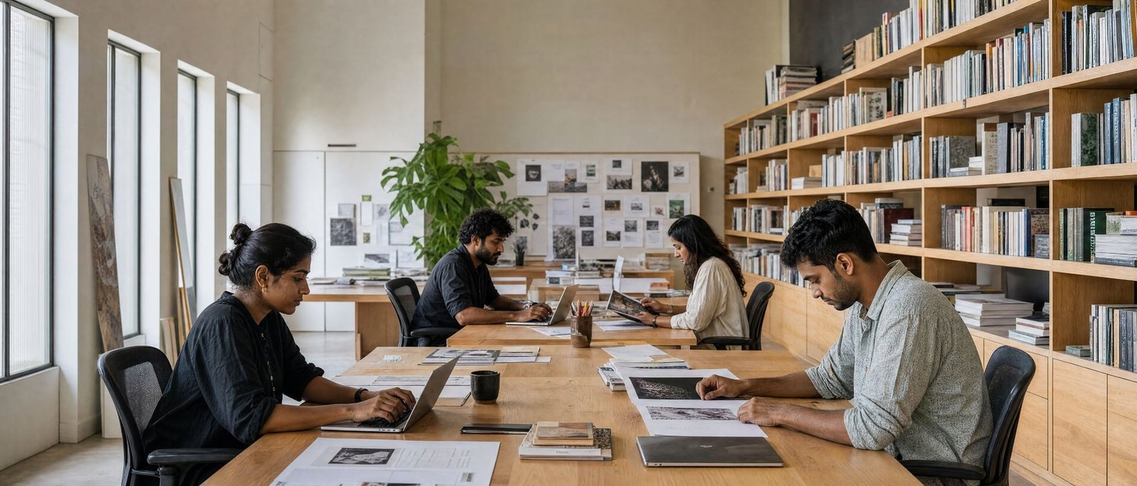 Editors and translators reviewing work together at the studio