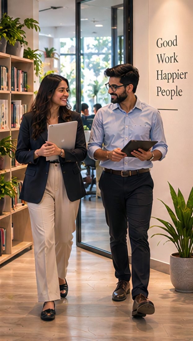 Colleagues by the studio library wall
