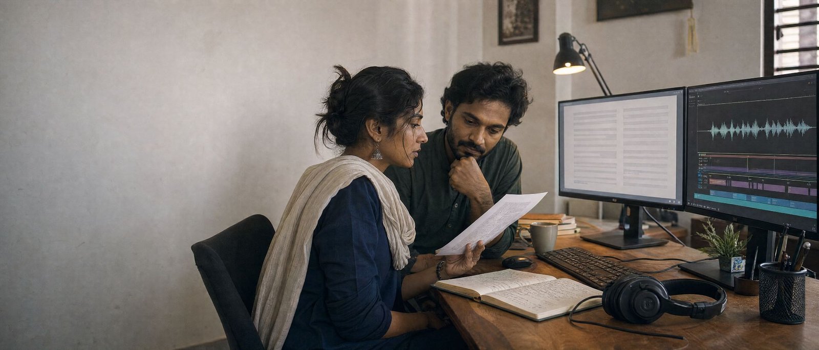 A translator and a colleague reviewing a translated document
